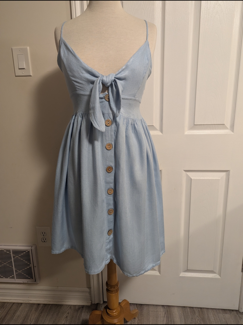 La Vie En Rose Light Blue Tie-Front Button Mini Dress